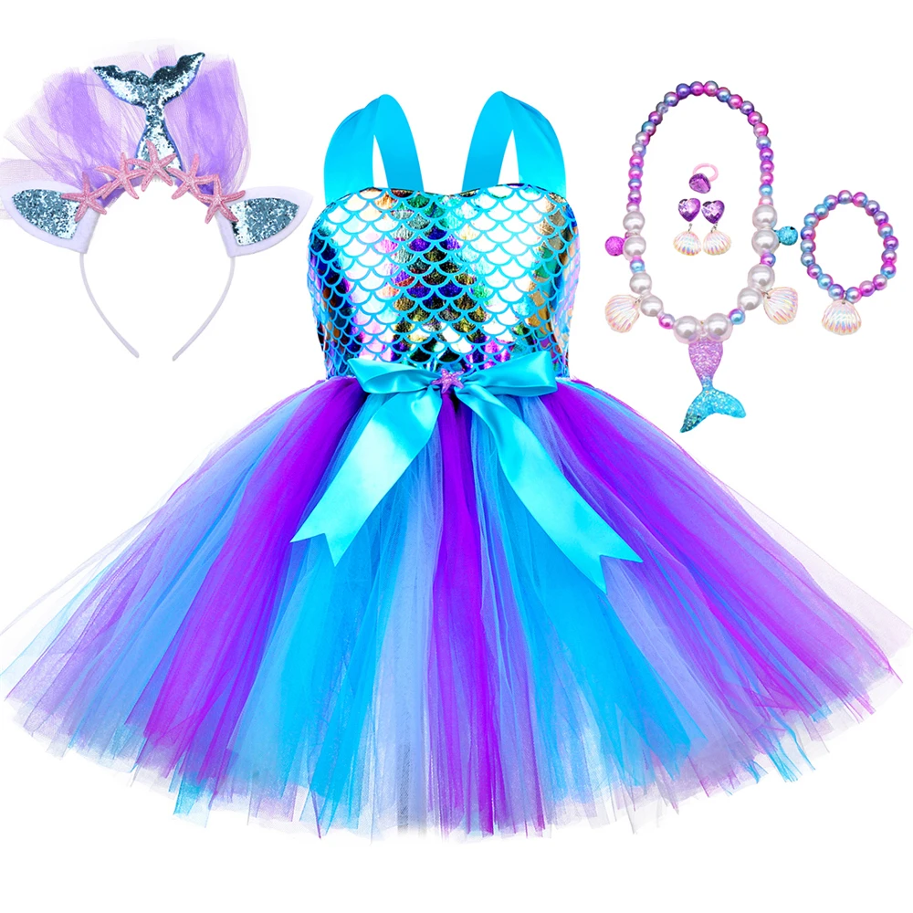 Mermaid Tutu Princess Dress for Girls Fancy Birthday Party Tulle Dresses Ball Gown Carnival Halloween Costume for Kids Clothes