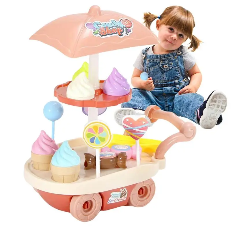 Ice Cream Playset For Kids Creative Cart Pretend Kitchen Toy With Lollipop Toddler Play Toys For Children Little Girls And Boys