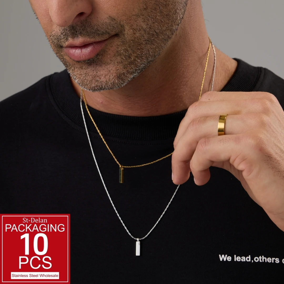 ZHENL 18K vergoldete Edelstahl-Boxkette Halskette für Herren 58cm Minimalistischer rechteckiger Stabanhänger Herren-Punk-Schmuck Geschenk – Detail 6