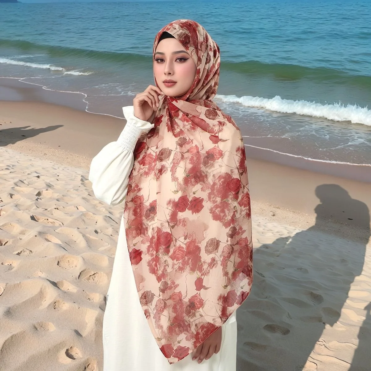 

Модный шифоновый шарф-хиджаб с принтом для женщин, мусульманские длинные шали, женский узор, мягкая повязка на голову, этнический исламский тюрбан ﻿ 180*70см