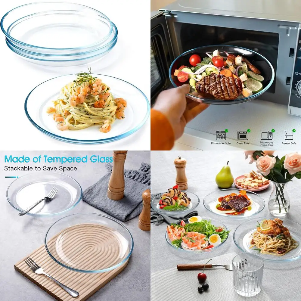 

4 pack 10in glass dinner plates - with lipped edge - clear tempered glass plates, glass serving dinnerware for pasta, salad, di