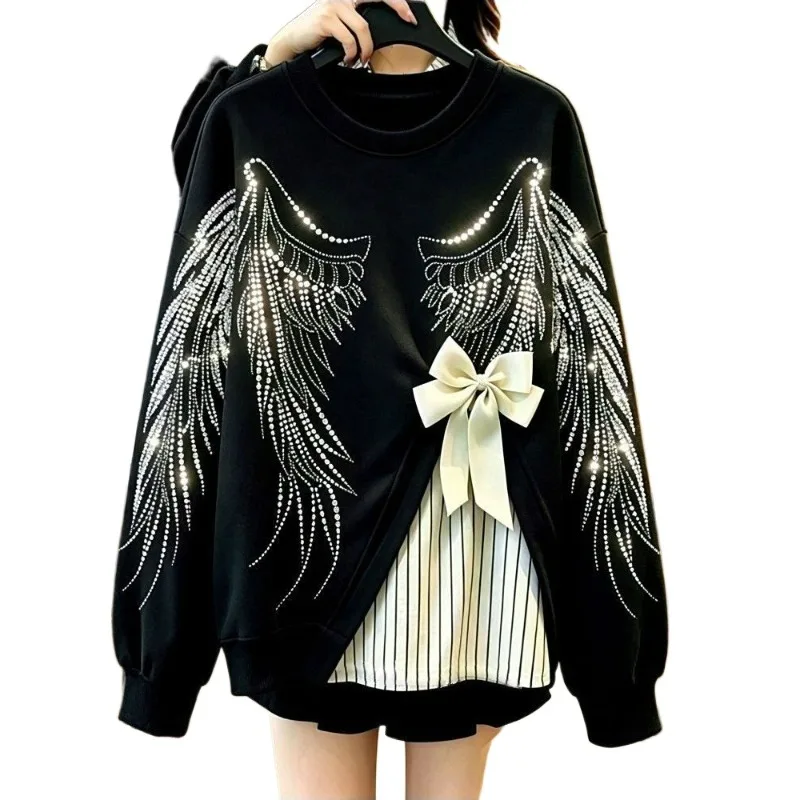 Large Size Design Big Wings Long-sleeved Sweater Women's Clothing Great Looking in Autumn Thin and Loose Fake Two Tops Exquisite