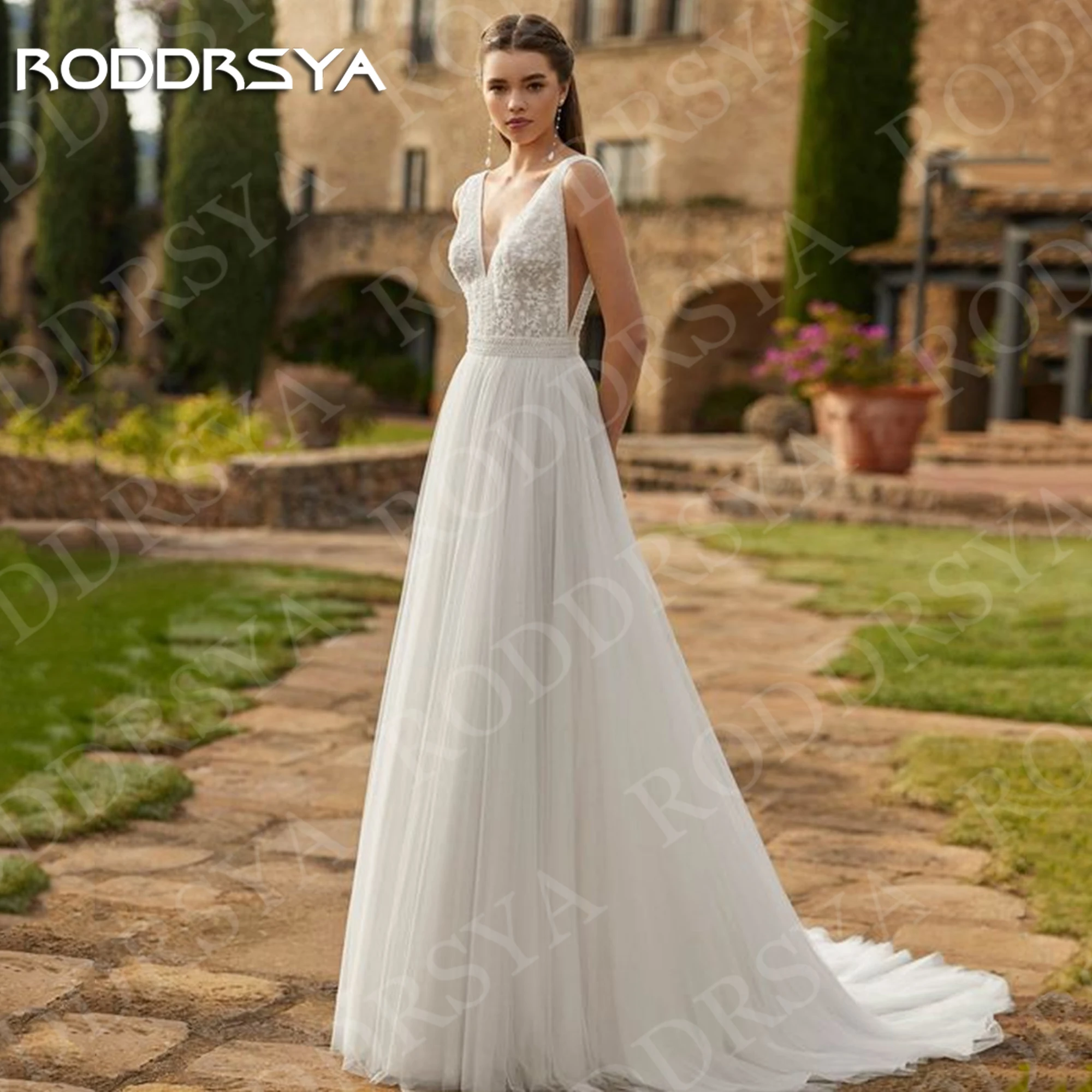 

RODDRSYA Boho Backless Wedding Dress vestidos de novia Charming Lace Appliques V Neck Sleeveless A Line Bridal Gowns Customized