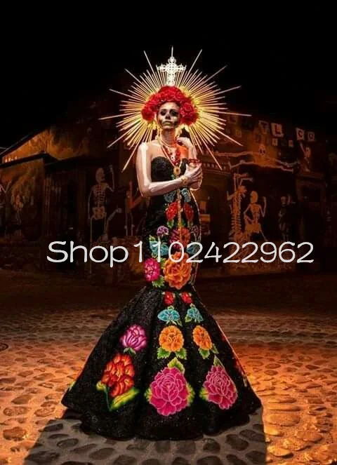 Black Mermaid Mexican Culture Evening Dresses Sweetheart Lace Floral Embroidery Disfraz catrina mujer Prom Gown Outfit