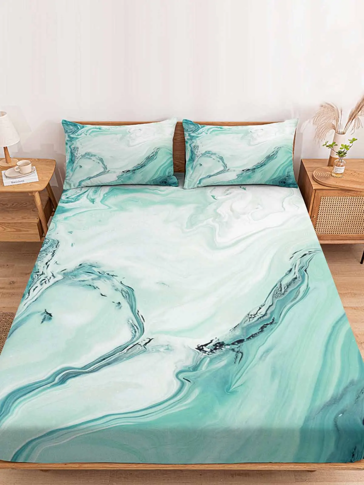 Marble Fluid Texture Blue-Green Polyester Fitted Sheet Mattress Cover Four Corners Elastic Band Bed Sheet With Pilllowcase