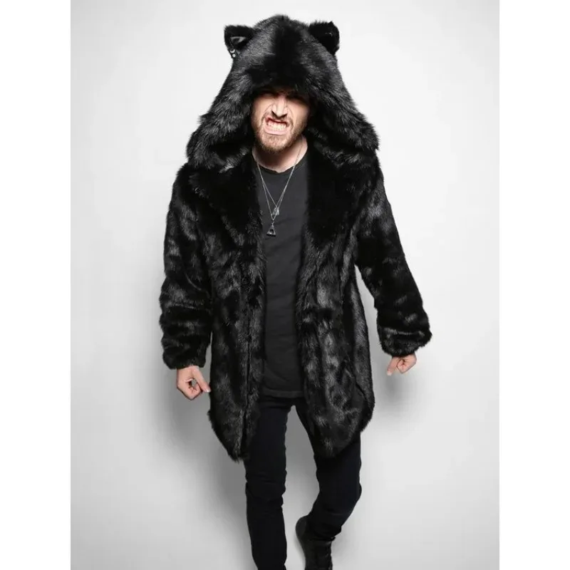 Winter Faux Fur Coat Men Hooded High Street Loose Casual Warm Long Jacket Windbreakers Mens Fake Fur Coat Overcoat Mens Clothing