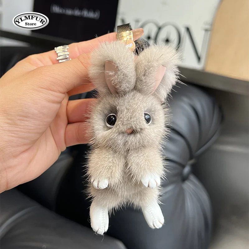 Cute Fluffy Rabbit Keychain Ring 100% Mink Fur Key Chain Plush Pompom Bunny Bag Pendant For Couple Car Key Ring Jewelry  Gifts