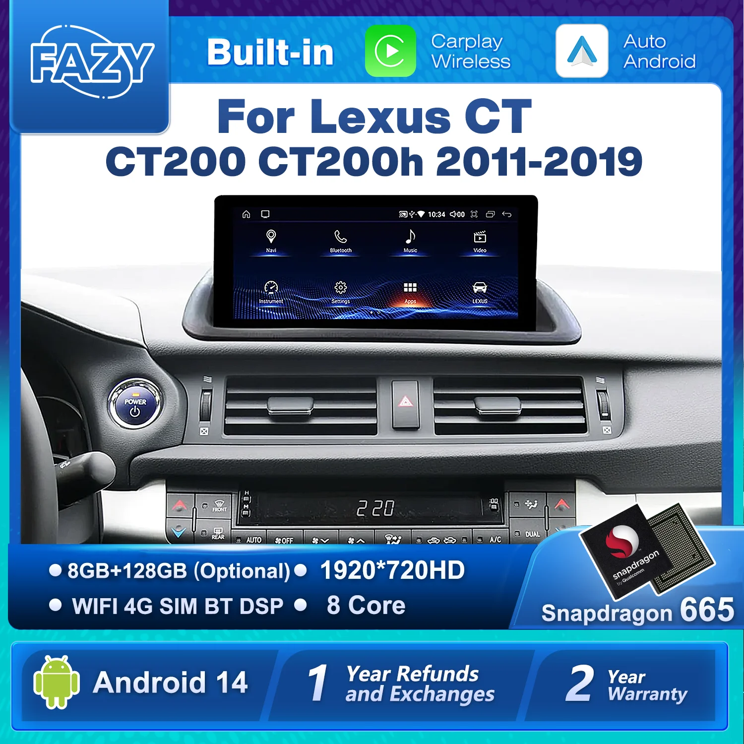 FAZY Android 14 Wireless Auto Carplay For Lexus CT CT200 CT200h 2011-2019 Navigation 4G Car Stereo Radio Multimedia Video Player