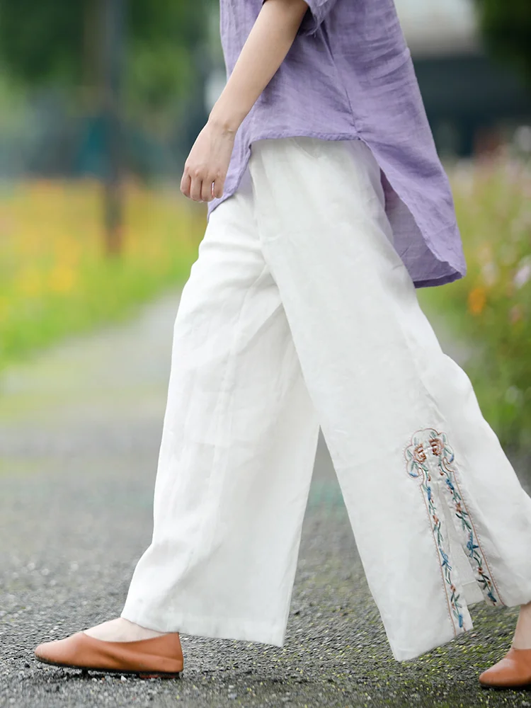 

Женские летние свободные брюки в стиле ретро с широкими штанинами, повседневные, из хлопка и льна, с вышивкой, в традиционном китайском стиле для чаепития