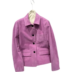 24 Pink simple designer style suede coat top quality luxury size S~XL abrigo mujer elegante pink leather jacket chamarra