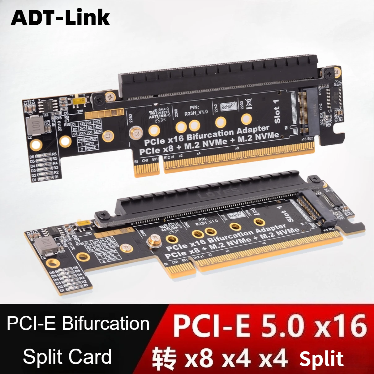 PCIe 5.0 x16 to x8x4x4 Split Expansion Riser Card PCIE5.0 Expansion Adapter Card PCIE X16 to X8+X4+X4 M.2 NVME x2 Input Port SSD