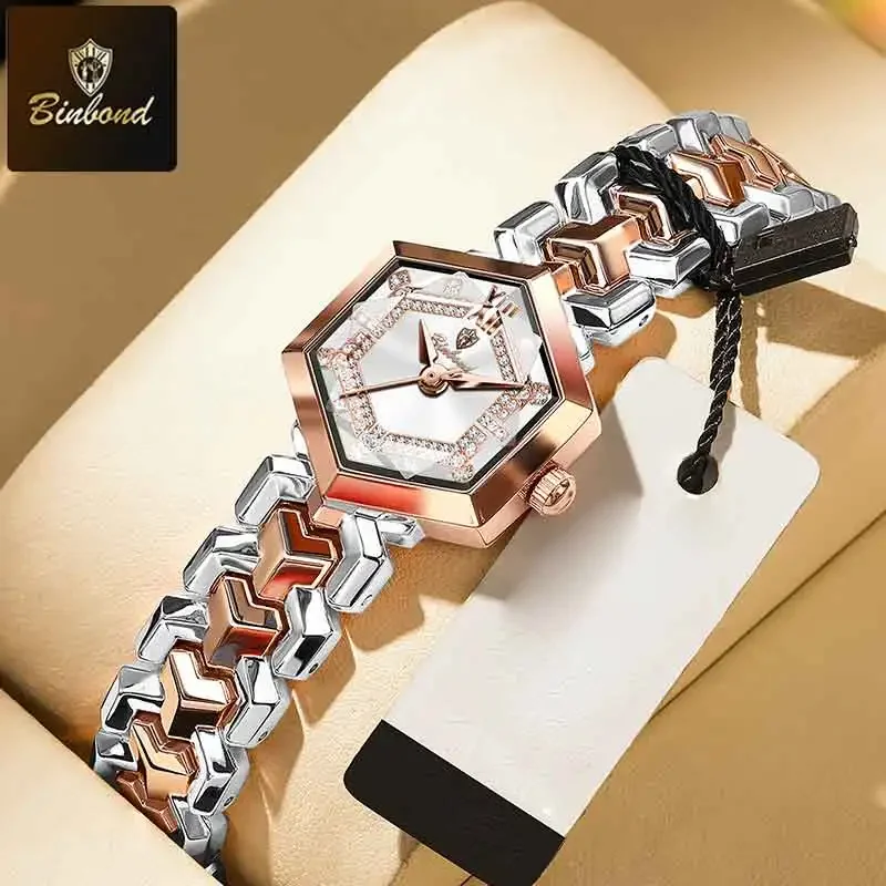 BINBOND New Elegant Women Quartz Watch Fashion Rhombus Mirror Waterproof Wristwatch Luminous Diamond Dial Original Ladies Watch