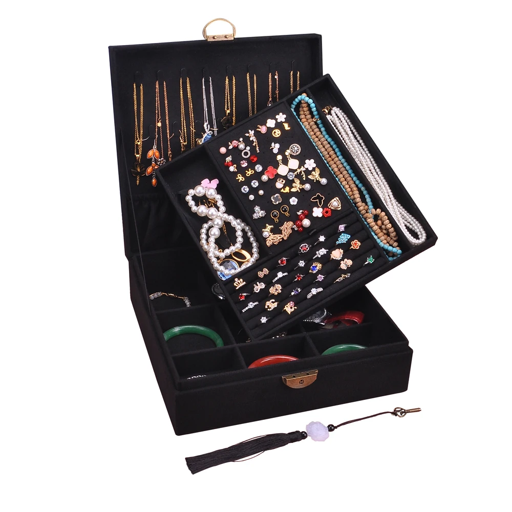 

Tabletop 2 Layers Jewelry Box Large Stackable Suede Necklace Stud Earrings Organizers Jewelry Suitcase Lockable Green Pink Navy