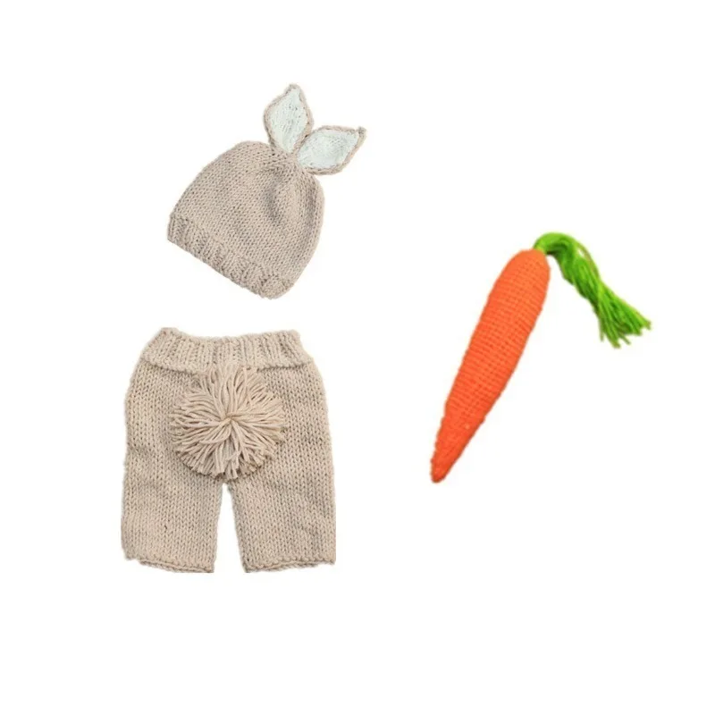 Handmade Crochet Bunny & Carrot Set, Newborn Baby Knitted Outfit for Photoshoot, Infant Rabbit Costume Photography Props bebe