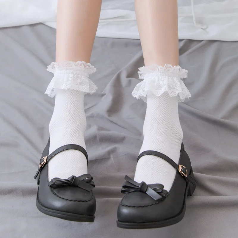 Kawaii Girl Cotton Cute Ankle Socks Women  Lace Lolita Japanese Style White Black Mid-leg Socks Mesh Lace Socks