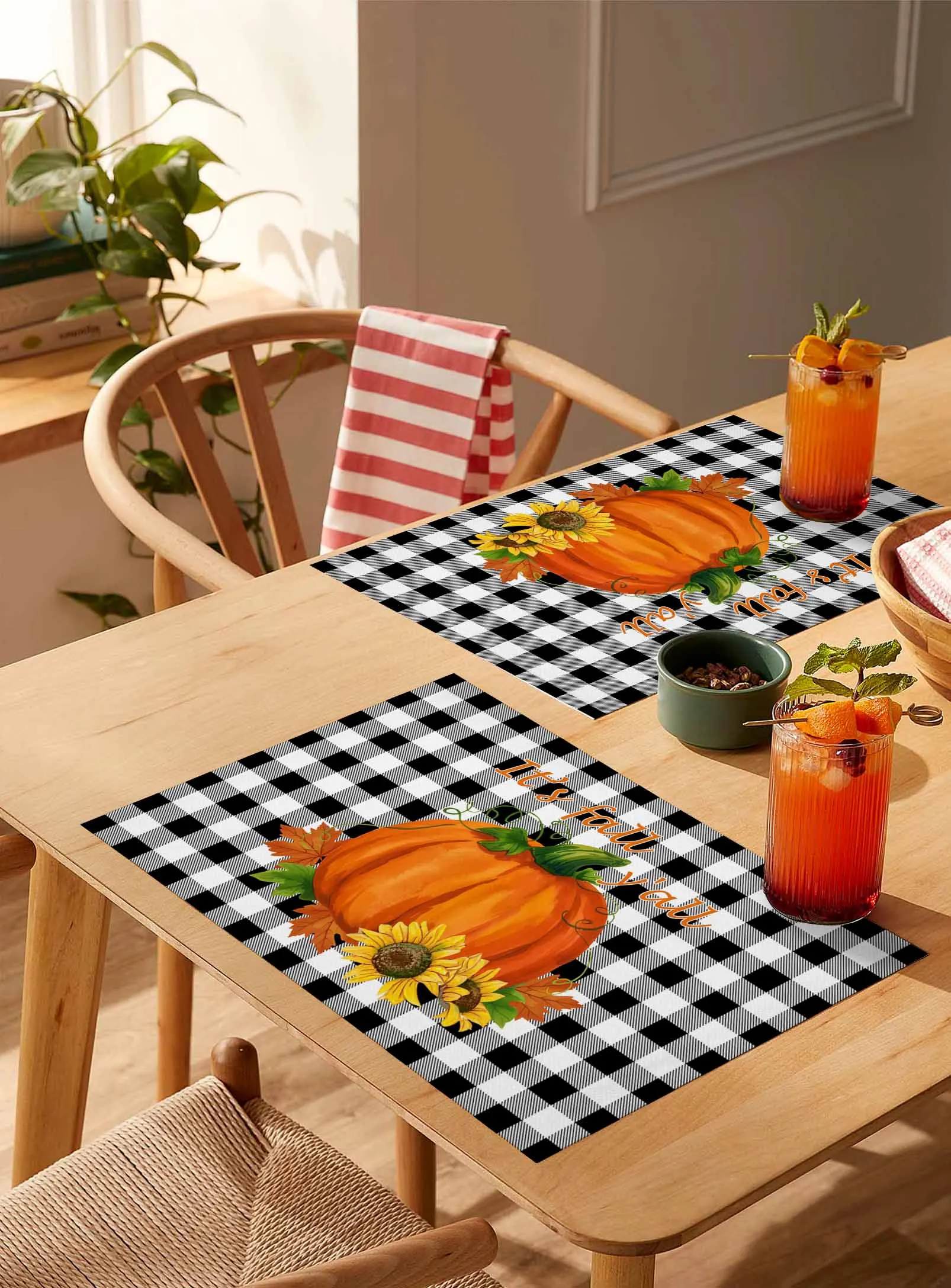 

4/6 Pcs Black White Plaid Orange Pumpkin Placemat Wedding Party Dining Decor Linen Table Mat Kitchen Accessories
