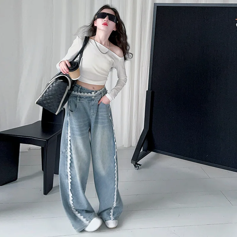 Teen girls Lace denim jeans French design white cotton tops Denim Wide leg pants 4-14 junior kid clothes child outfits 4-14Y
