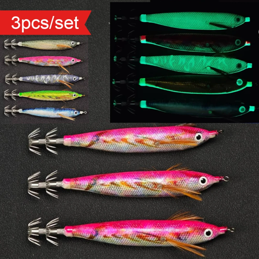 3pcs Horizontal Squid Jig Egi Set 12.5cm UV Luminous Wood Shrimp Lures Glow In Dark Saltwater Octopus Cuttlefish Fishing Tackle