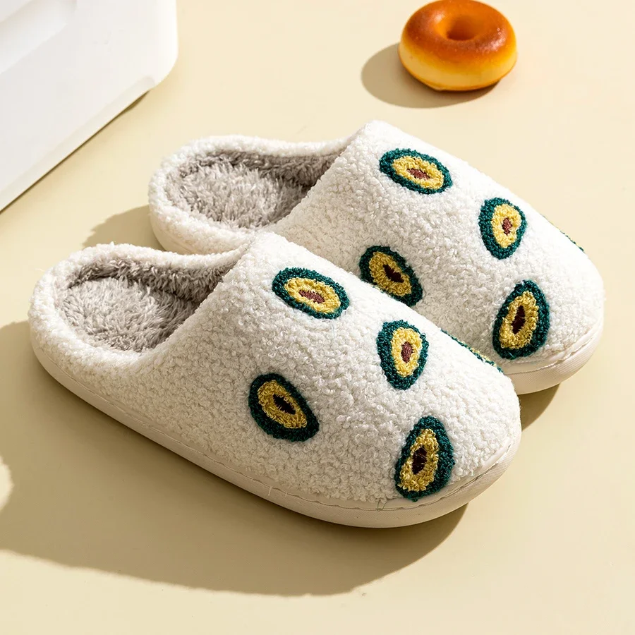 Cute Avocado Women Slippers Winter Warm Indoor Fruit Cartoon Funny Soft Non-slip Slipper Cherry Strawberry Comfy Cotton Shoes