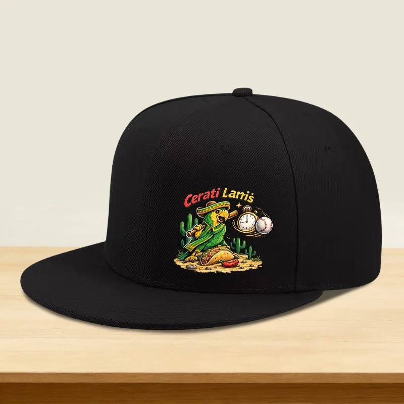 A Hip-hop Cap Featuring a Cerati Larris Parrot and Mexican Burrito Print Design. This Flat-brimmed High-top Hat Is Suitable for