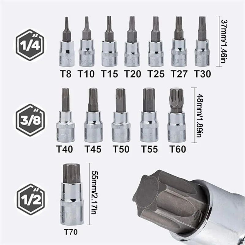 13Pcs Torx Bit Socket Set, S2 Alloy Steel Cr-V Steel Star Socket Torx Screwdriver Bits, 1/4 in T8-T30, 3/8 in T40-T60 1/2 ch T70