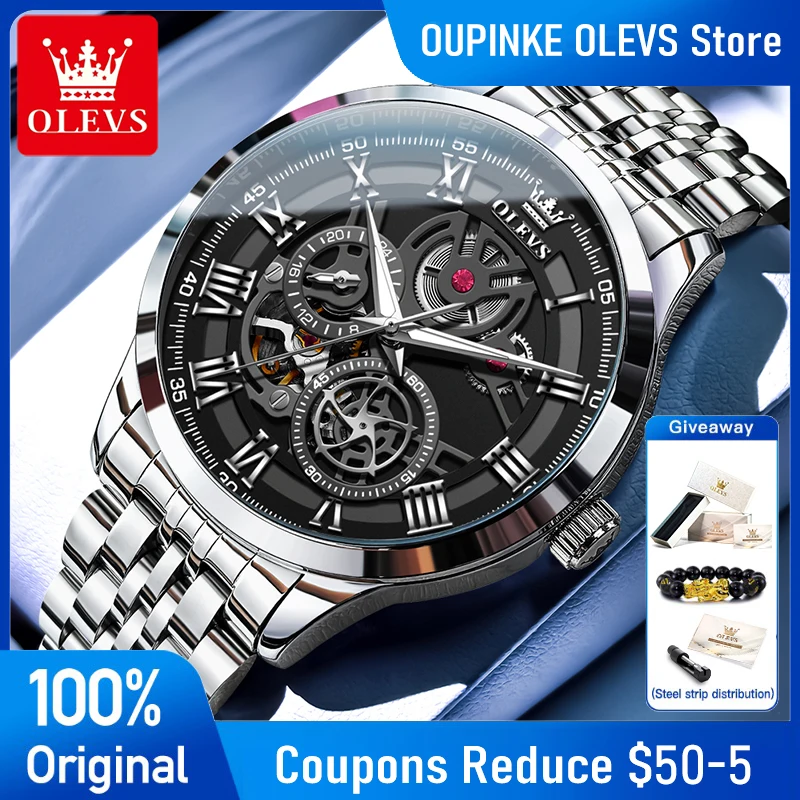 

OLEVS 7076 Mens Watch Original Luxury Skeleton Automatic Mechanical Watch Stainless Steel Waterproof Watches For Man Gift Box