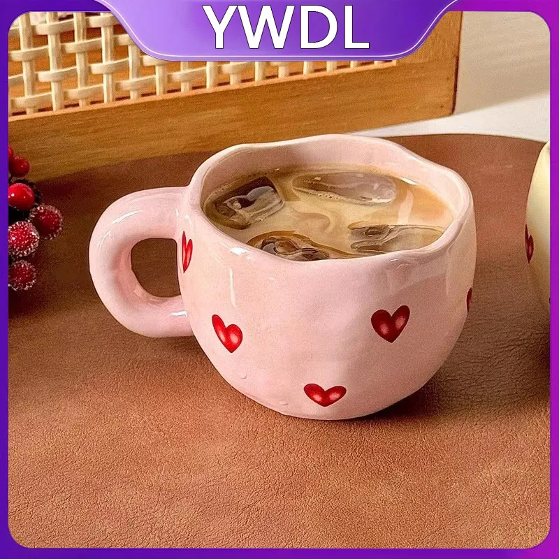 YWDL 1pcs Hand Painted Love Mug Creative Heart  Water Cup Ceramic Milk Mug With Handle Valentine's Day Gift