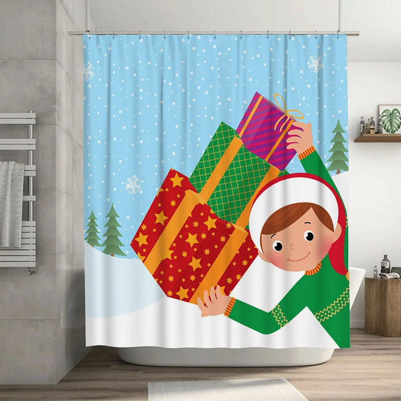 

TU Рождественская занавеска для душа Праздничный праздничный декор Водонепроницаемый набор для ванной комнаты Веселый рождественский узор Фон Праздничное украшение дома Fe