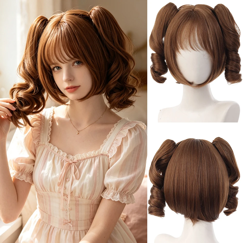 Synthetic 12 Inch Japanese Brown Detachable Twin Tails Bangs Curly Hair Lolita Cosplay Wig Halloween Role Play Heat Resistant Fi