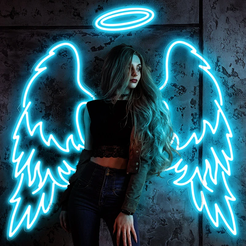 Angel Wings with Halo and Text LED Neon Sign Beauty Salon Decoration Neon Signs Custom Bedroom Home Bar Wall Decor Night Lights