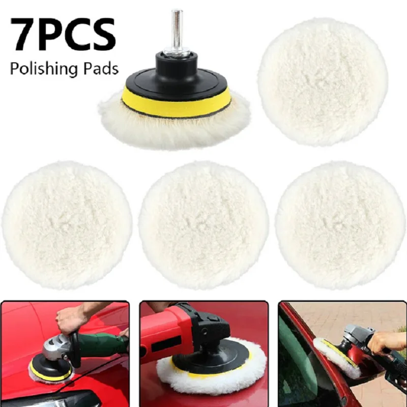 Wool Cutting Pad, Wool Buffing Polishing Pad Set,  7Pcs 3Inch Buffing Wheel for Drill Lambs Wool Hook Loop for Compound Cutting