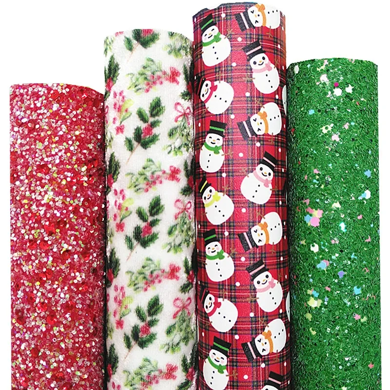 Red Sequins Glitter Leather Sheets Green Glitter Leather Snowmen Faux Leather Mistletoe Crushed Velvet For Bow DIY 21x29CM Q1521