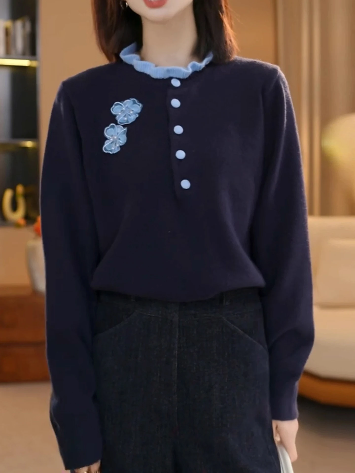 Ele Maglione lavorato a maglia lungo Sve Semplice lusso con bottoni F Design Pendolarismo Sle Top da donna Faionable Autunno Inverno