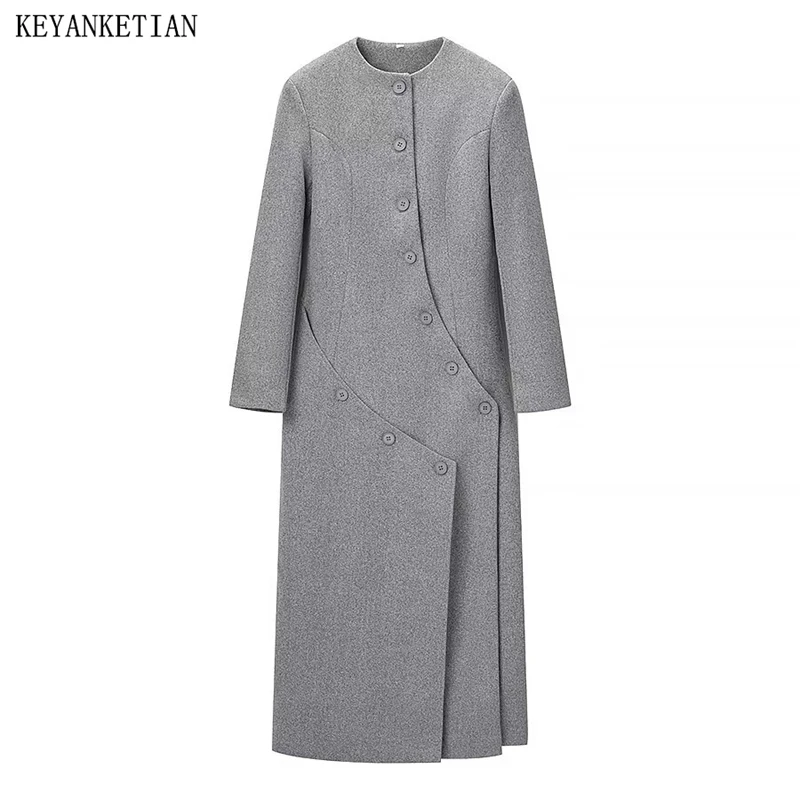KEYANKETIAN Winter New Women's Clothing Multi Button Decoration Irregular Slanted Placket Long Woolen Coat Women Woolen Coat