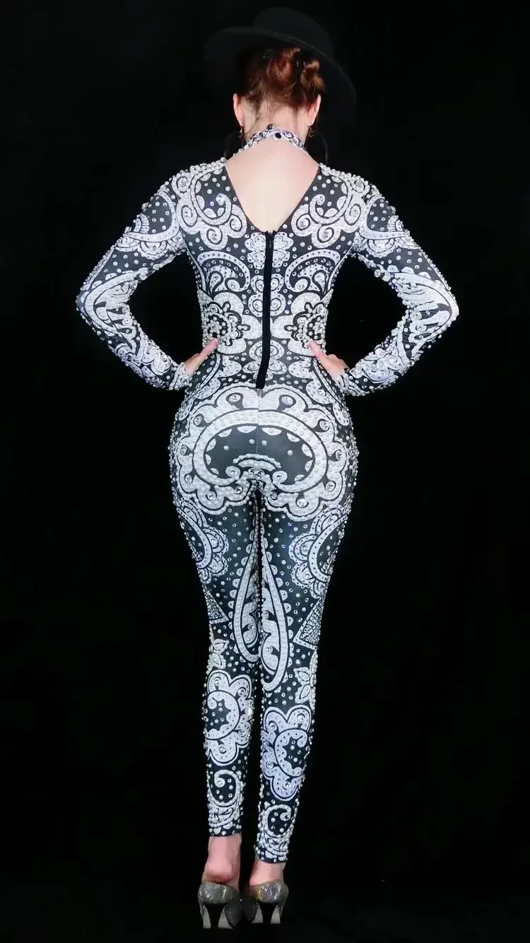 

New Printed Sexy Stage Gray Silver Rhinestones Jumpsuit Long Sleeves Bodysuit Singer Dancer Party Outfit Performance Costumes