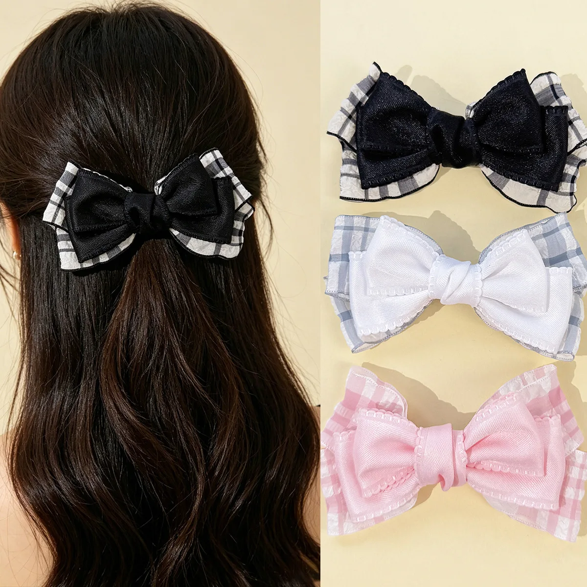 24pc Sweet Striped Double-Layer Bow Hairpin Vintage Retro Tartan Plaid Side Clips Hairgrips Headwear for Girls Women Bulk Pack