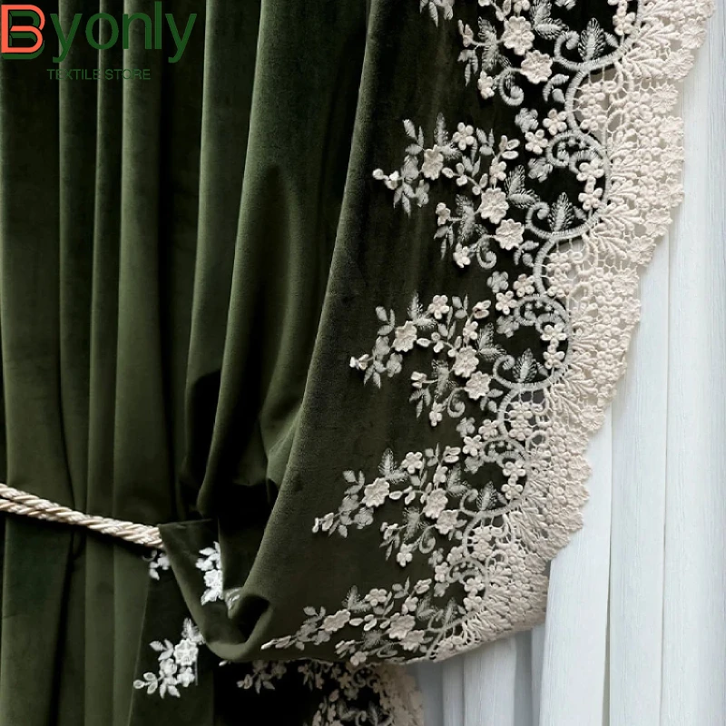 

Dark Green Retro Lace Embroidery Velvet Thickened Curtains for Living Room Bedroom French Window Balcony Villa Customization