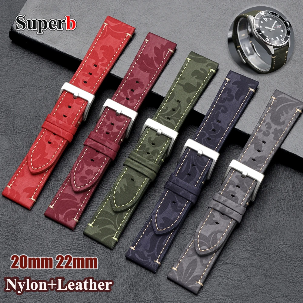 Bracelet de montre en nylon 20 mm 22 mm, noir gris, vintage, en cuir de vache, bracelet de montre pour femmes et hommes, accessoires de montre