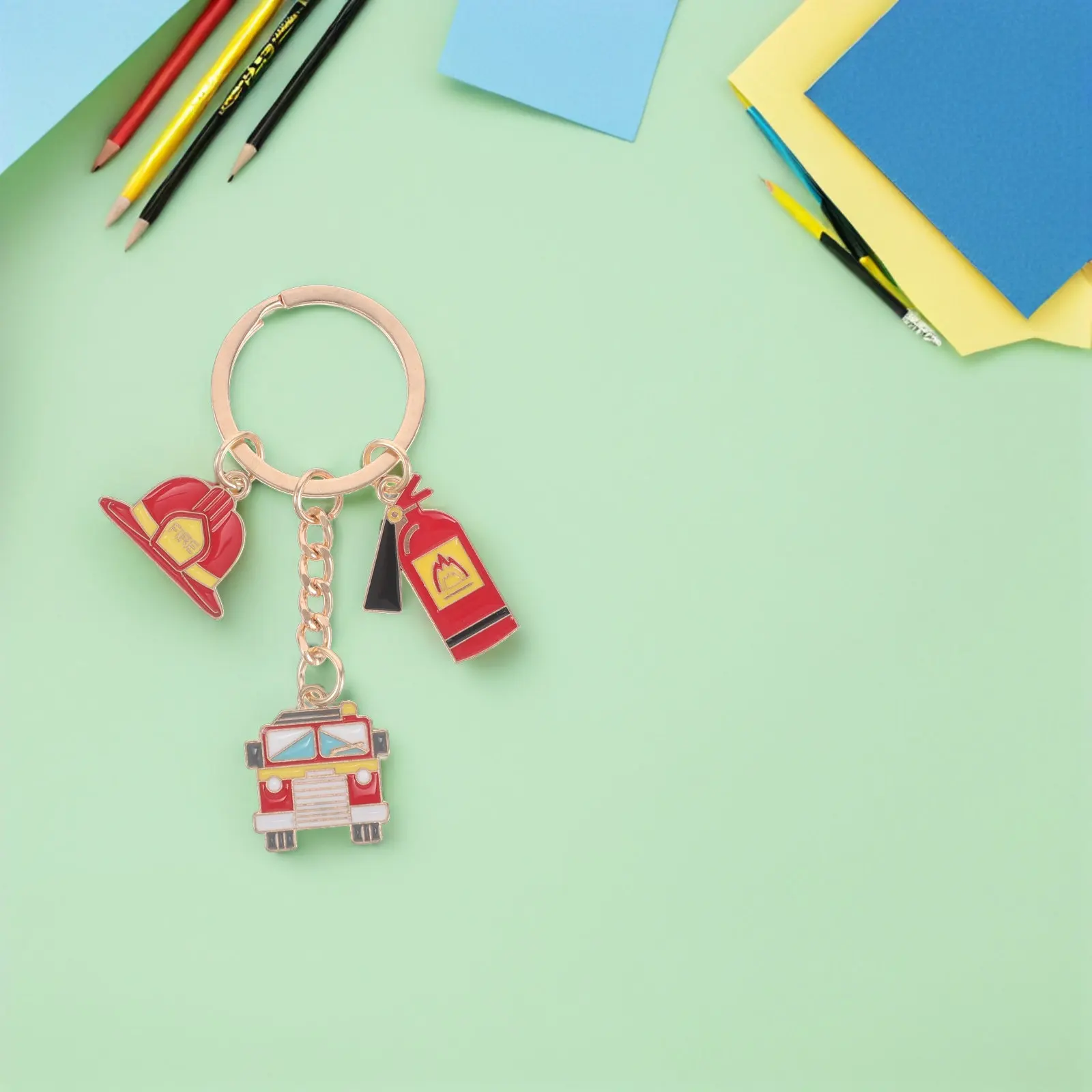 4Pcs Firefighting Theme Keychain Fireman Identity Keyring Alloy Fire Safety Pendant for Daily Use School Activity Keychain