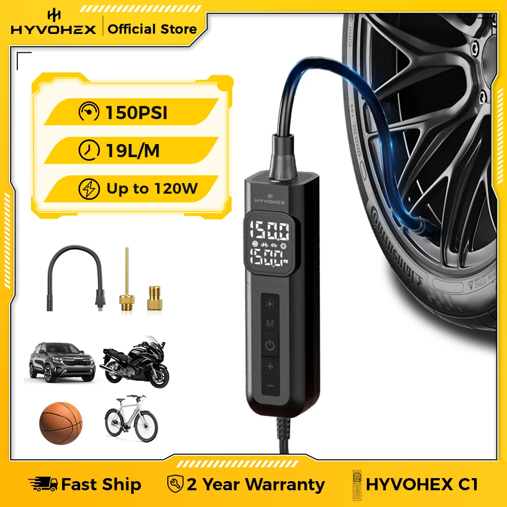 

HYVOHEX C1 Portable Wired Air Compressor 100% Duty Cycle Fast Inflation Tire Inflator Pump for Car Motorcycle Bicycle