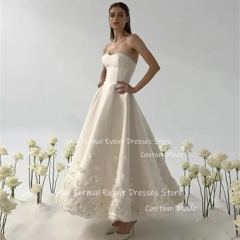 

Giyu Modern Soft Satin A Line Wedding Dresses 3D Flowers Sweetheart Ankle Length Bride Dress Vestido de noiva