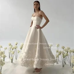 Giyu Modern Soft Satin A Line Wedding Dresses 3D Flowers Sweetheart Ankle Length Bride Dress Vestido de noiva