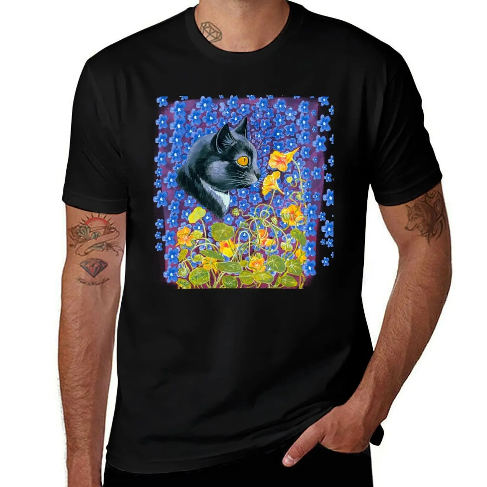 

A Cat In A Sea Of Flowers By Louis Wain Black cat with flowers T-Shirt Quick Dry Light Sports T-Shirt