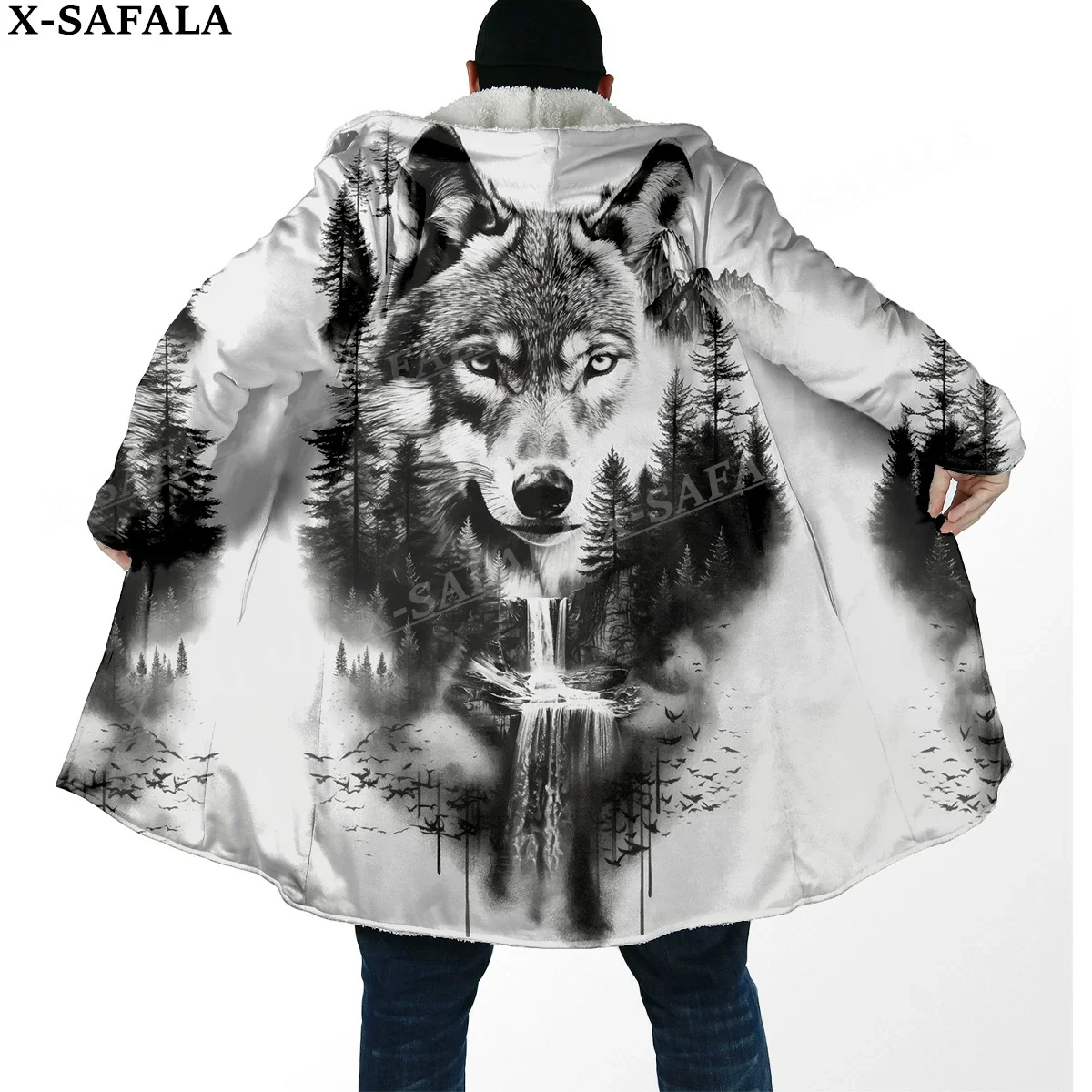 Elegant Native Wolf Spirit Totems Arts Thick Warm Hooded Cloak Men Overcoat Coat Windproof Fleece Cape Robe Hooded Blanket-23