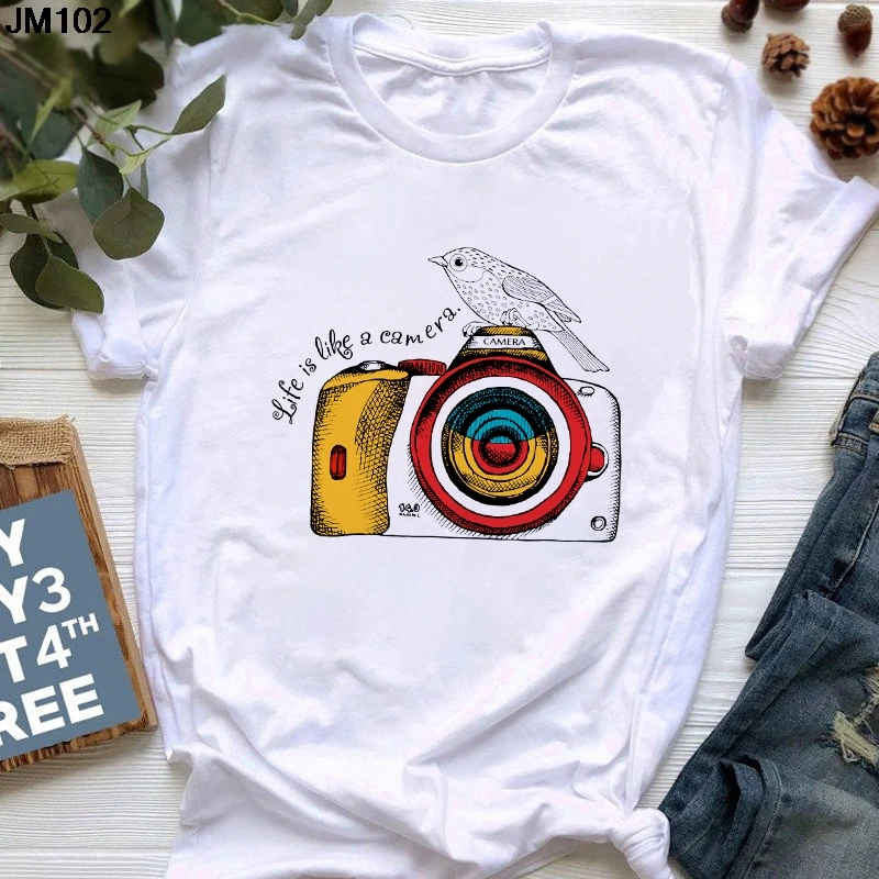 Fashion Camera Print Ladies T-shirt Summer Thin Women Streetwear Short Sleeve Tshirt Harajuku White Tops Female Clothing T Shirt