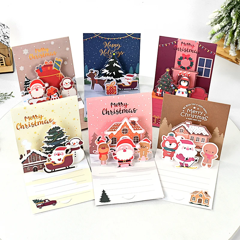 

3D Pop Up Christmas Greeting Card Kids Mini Cartoon Christmas Blessing Greeting Cards with Envelope New Year Xmas Post Gift Card