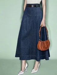 Retro blue denim skirt high waist loose swing long umbrella skirt with belt spring and summer new pocket fashion Joker skirt.