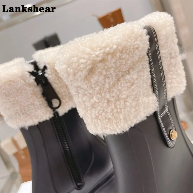 Winter Lamb Wool Boots Women's Square Toe Mid-Tube Platform Side Zipper Chunky High-Heeled Warm Boots Women's Ankle Boots