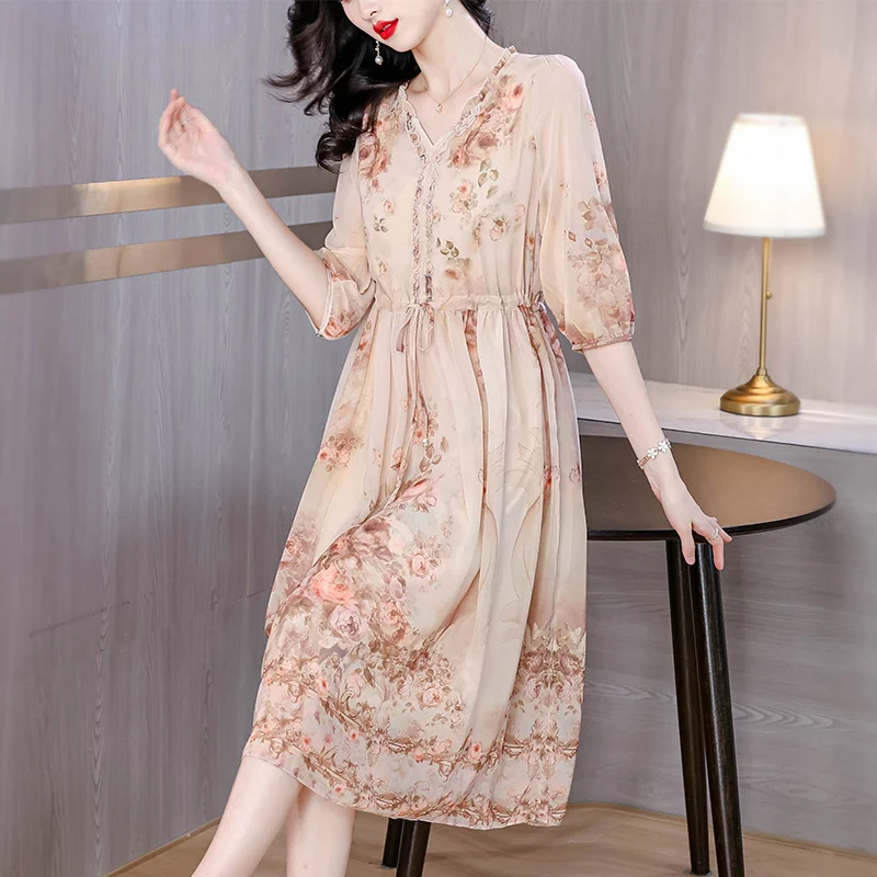 2026 Spring Summer Boho Beach Midi Dresses Luxury Chiffon Floral Casual Office Midi Dress Women's Vintage Elegant Evening Prom view 2