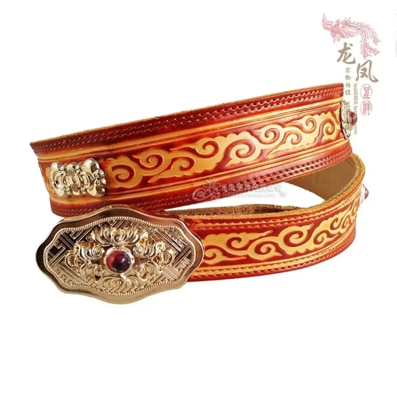 Mongolian Style Women's Handmade Pure Leather Auspicious Cloud Printed Adjustable Waist Belt